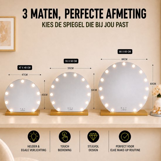 Livingbright - Make Up Spiegel Rond - Hollywood Spiegel met Verlichting 40X47CM - 3 Lichtkleuren - Dimbaar - USB Oplader - Goud - afbeelding 12
