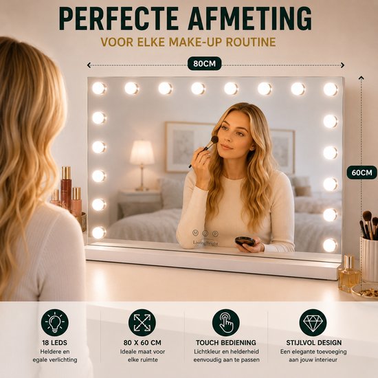 Livingbright - Make Up Spiegel - Hollywood Spiegel met Verlichting 80X60CM - 3 Lichtkleuren - Dimbaar - USB Oplader - Wit - afbeelding 12