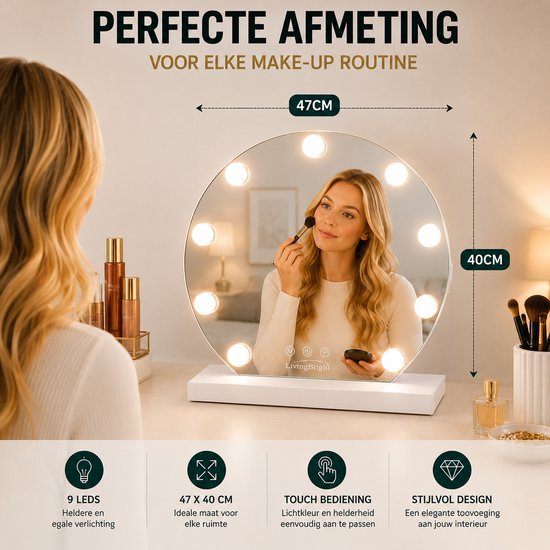 Livingbright - Make Up Spiegel Rond - Hollywood Spiegel met Verlichting 40X47CM - 3 Lichtkleuren - Dimbaar - USB Oplader - Wit - afbeelding 12