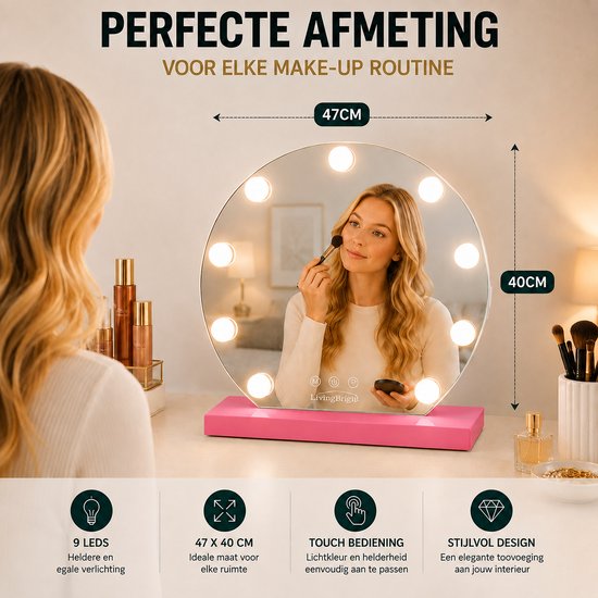Livingbright - Make Up Spiegel Rond - Hollywood Spiegel met Verlichting 40X47CM - 3 Lichtkleuren - Dimbaar - USB Oplader - Roze - afbeelding 12
