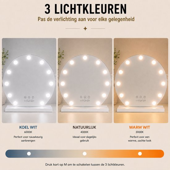 Livingbright - Make Up Spiegel Rond - Hollywood Spiegel met Verlichting 50X55CM - 3 Lichtkleuren - Dimbaar - USB Oplader - Wit - afbeelding 12