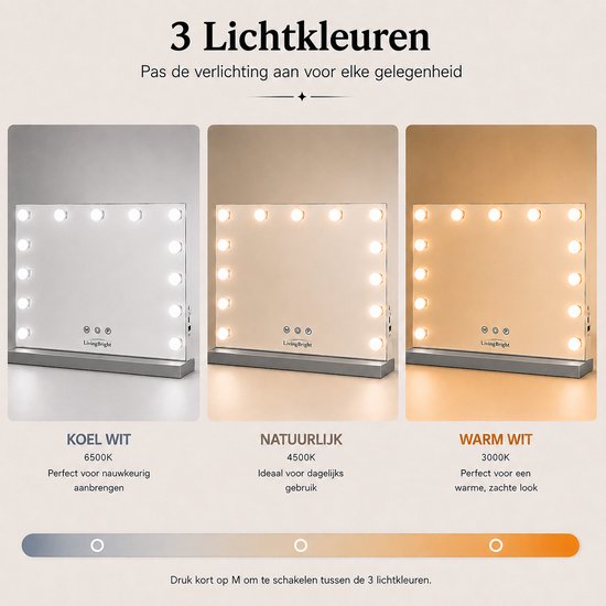 Livingbright - Make Up Spiegel - Hollywood Spiegel met Verlichting 50X40CM - 3 Lichtkleuren - Dimbaar - USB Oplader - Grijs - afbeelding 10
