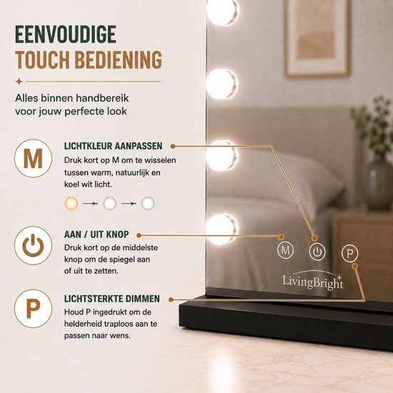Livingbright - Make Up Spiegel - Hollywood Spiegel met Verlichting 50X40CM - 3 Lichtkleuren - Dimbaar - USB Oplader - Zwart - afbeelding 10