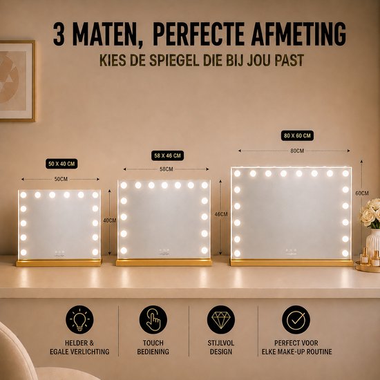 Livingbright - Make Up Spiegel - Hollywood Spiegel met Verlichting 50X40CM - 3 Lichtkleuren - Dimbaar - USB Oplader - Goud - afbeelding 12