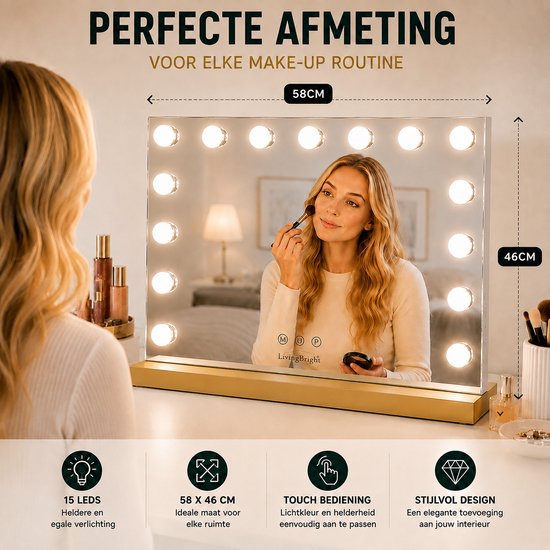 Livingbright - Make Up Spiegel - Hollywood Spiegel met Verlichting 58X46CM - 3 Lichtkleuren - Dimbaar - USB Oplader - Goud - afbeelding 13