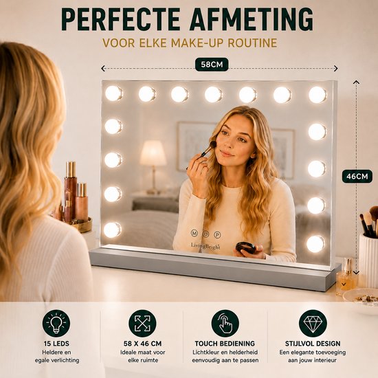 Livingbright - Make Up Spiegel - Hollywood Spiegel met Verlichting 58X46CM - 3 Lichtkleuren - Dimbaar - USB Oplader - Grijs - afbeelding 13