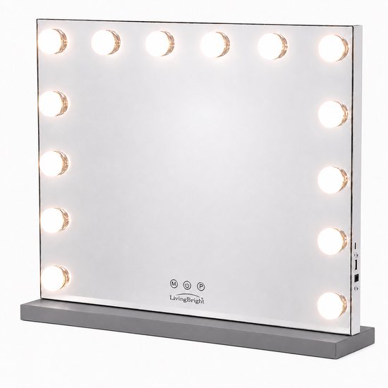 Livingbright - Make Up Spiegel - Hollywood Spiegel met Verlichting 50X40CM - 3 Lichtkleuren - Dimbaar - USB Oplader - Grijs - afbeelding 11