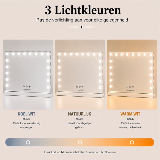 Livingbright - Make Up Spiegel - Hollywood Spiegel met Verlichting 80X60CM - 3 Lichtkleuren - Dimbaar - USB Oplader - Wit - afbeelding 13