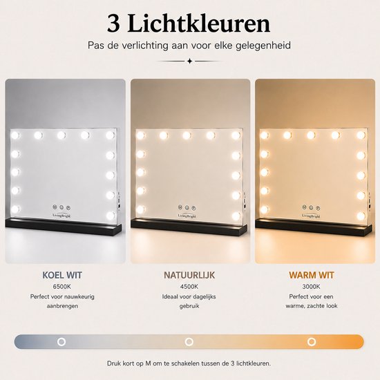 Livingbright - Make Up Spiegel - Hollywood Spiegel met Verlichting 50X40CM - 3 Lichtkleuren - Dimbaar - USB Oplader - Zwart - afbeelding 11