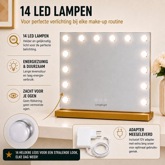 Livingbright - Make Up Spiegel - Hollywood Spiegel met Verlichting 50X40CM - 3 Lichtkleuren - Dimbaar - USB Oplader - Goud - afbeelding 13