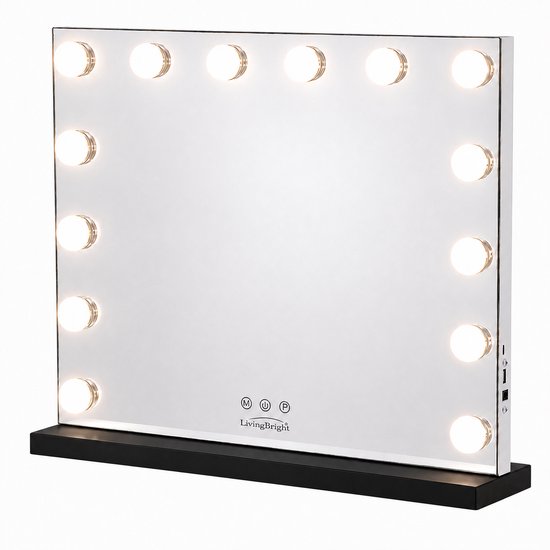 Livingbright - Make Up Spiegel - Hollywood Spiegel met Verlichting 50X40CM - 3 Lichtkleuren - Dimbaar - USB Oplader - Zwart - afbeelding 12
