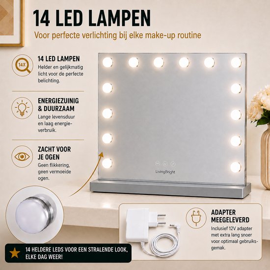 Livingbright - Make Up Spiegel - Hollywood Spiegel met Verlichting 50X40CM - 3 Lichtkleuren - Dimbaar - USB Oplader - Grijs - afbeelding 12