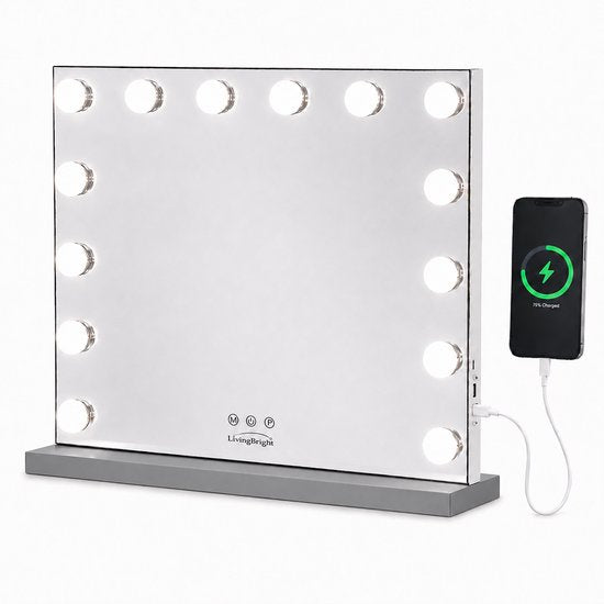 Livingbright - Make Up Spiegel - Hollywood Spiegel met Verlichting 50X40CM - 3 Lichtkleuren - Dimbaar - USB Oplader - Grijs - afbeelding 13