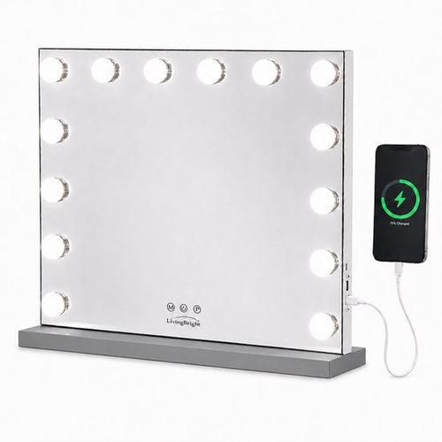 Livingbright - Make Up Spiegel - Hollywood Spiegel met Verlichting 50X40CM - 3 Lichtkleuren - Dimbaar - USB Oplader - Grijs - afbeelding 13