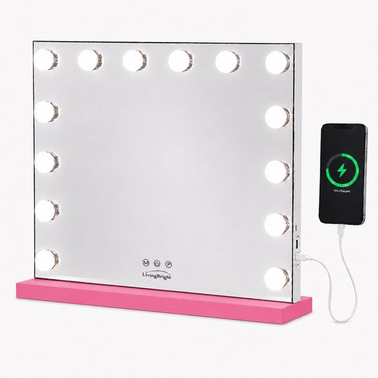 Livingbright - Make Up Spiegel - Hollywood Spiegel met Verlichting 50X40CM - 3 Lichtkleuren - Dimbaar - USB Oplader - Roze - afbeelding 1
