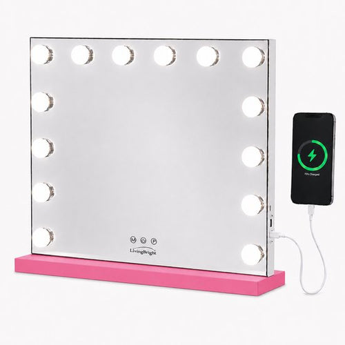 Livingbright - Make Up Spiegel - Hollywood Spiegel met Verlichting 50X40CM - 3 Lichtkleuren - Dimbaar - USB Oplader - Roze - afbeelding 1
