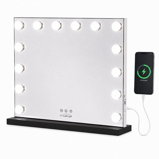 Livingbright - Make Up Spiegel - Hollywood Spiegel met Verlichting 50X40CM - 3 Lichtkleuren - Dimbaar - USB Oplader - Zwart - afbeelding 13