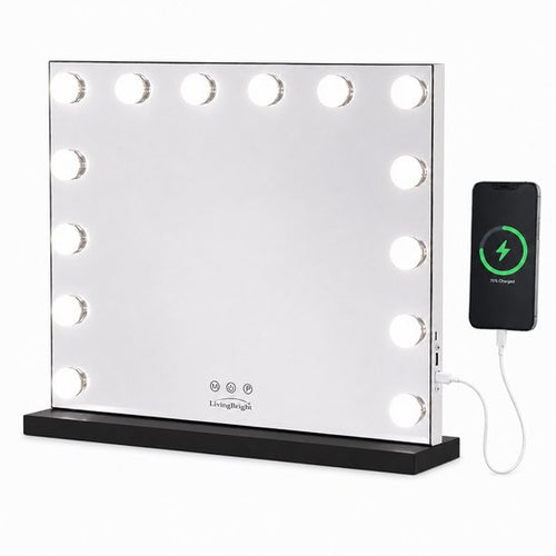 Livingbright - Make Up Spiegel - Hollywood Spiegel met Verlichting 50X40CM - 3 Lichtkleuren - Dimbaar - USB Oplader - Zwart - afbeelding 13