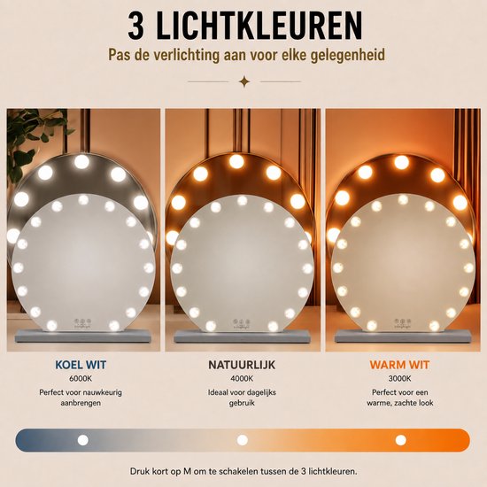 Livingbright - Make Up Spiegel Rond - Hollywood Spiegel met Verlichting 60X66CM - 3 Lichtkleuren - Dimbaar - USB Oplader - Grijs - afbeelding 6