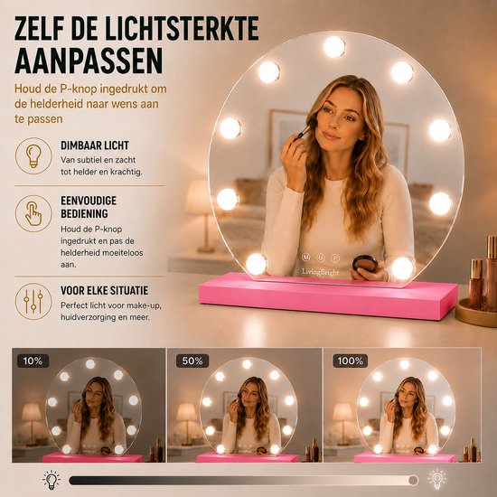 Livingbright - Make Up Spiegel Rond - Hollywood Spiegel met Verlichting 40X47CM - 3 Lichtkleuren - Dimbaar - USB Oplader - Roze - afbeelding 3