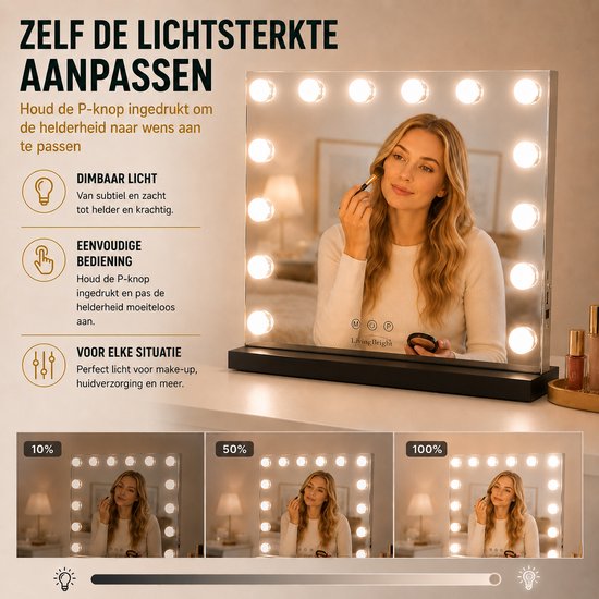 Livingbright - Make Up Spiegel - Hollywood Spiegel met Verlichting 50X40CM - 3 Lichtkleuren - Dimbaar - USB Oplader - Zwart - afbeelding 1