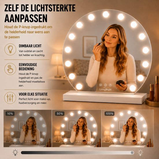 Livingbright - Make Up Spiegel Rond - Hollywood Spiegel met Verlichting 60X66CM - 3 Lichtkleuren - Dimbaar - USB Oplader - Wit - afbeelding 2