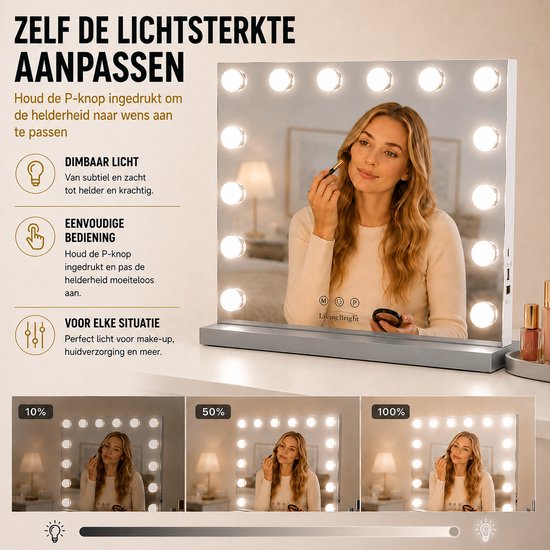 Livingbright - Make Up Spiegel - Hollywood Spiegel met Verlichting 50X40CM - 3 Lichtkleuren - Dimbaar - USB Oplader - Grijs - afbeelding 1