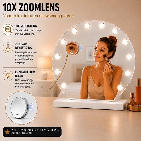 Livingbright - Make Up Spiegel Rond - Hollywood Spiegel met Verlichting 50X55CM - 3 Lichtkleuren - Dimbaar - USB Oplader - Wit - afbeelding 3
