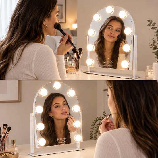 Livingbright - Make Up Spiegel met Verlichting - Draaibaar - Halfrond - Wit - afbeelding 1