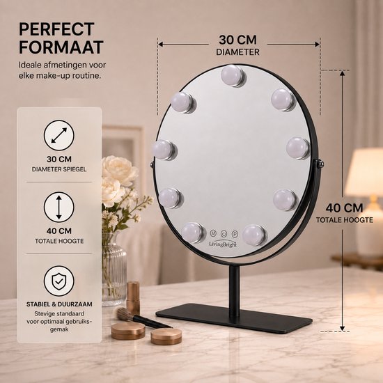 Livingbright - Make Up Spiegel met Verlichting - Rond - Roterend - 9 Leds - Zwart - afbeelding 1