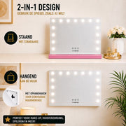 Livingbright - Make Up Spiegel - Hollywood Spiegel met Verlichting 58X46CM - 3 Lichtkleuren - Dimbaar - USB Oplader - Roze - afbeelding 3