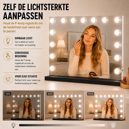 Livingbright - Make Up Spiegel - Hollywood Spiegel met Verlichting 58X46CM - 3 Lichtkleuren - Dimbaar - USB Oplader - Zwart - afbeelding 3