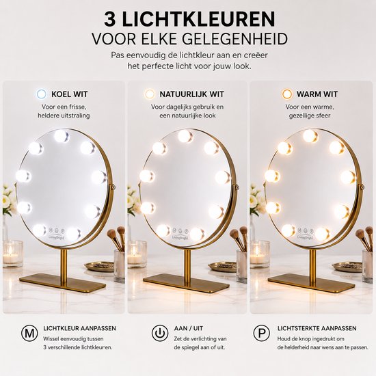 Livingbright - Make Up Spiegel met Verlichting - Rond - Roterend - 9 Leds - Goud - afbeelding 4