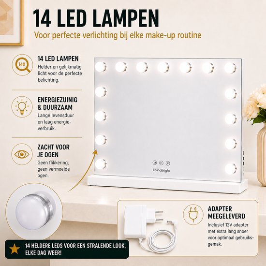 Livingbright - Make Up Spiegel - Hollywood Spiegel met Verlichting 58X46CM - 3 Lichtkleuren - Dimbaar - USB Oplader - Wit - afbeelding 3
