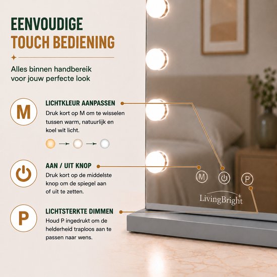 Livingbright - Make Up Spiegel - Hollywood Spiegel met Verlichting 80X60CM - 3 Lichtkleuren - Dimbaar - USB Oplader - Grijs - afbeelding 5