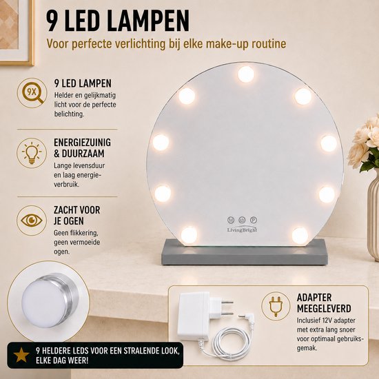Livingbright - Make Up Spiegel Rond - Hollywood Spiegel met Verlichting 40X47CM - 3 Lichtkleuren - Dimbaar - USB Oplader - Grijs - afbeelding 13