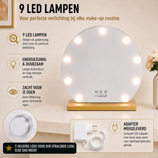 Livingbright - Make Up Spiegel Rond - Hollywood Spiegel met Verlichting 40X47CM - 3 Lichtkleuren - Dimbaar - USB Oplader - Goud - afbeelding 13