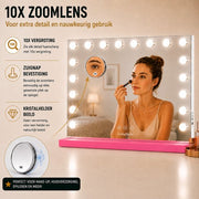 Livingbright - Make Up Spiegel - Hollywood Spiegel met Verlichting 80X60CM - 3 Lichtkleuren - Dimbaar - USB Oplader - Roze - afbeelding 6