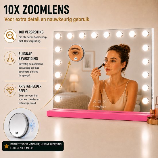 Livingbright - Make Up Spiegel - Hollywood Spiegel met Verlichting 80X60CM - 3 Lichtkleuren - Dimbaar - USB Oplader - Roze - afbeelding 6