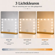 Livingbright - Make Up Spiegel - Hollywood Spiegel met Verlichting 50X40CM - 3 Lichtkleuren - Dimbaar - USB Oplader - Goud - afbeelding 3