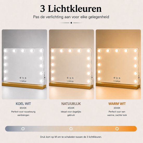 Livingbright - Make Up Spiegel - Hollywood Spiegel met Verlichting 50X40CM - 3 Lichtkleuren - Dimbaar - USB Oplader - Goud - afbeelding 3
