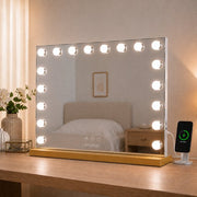 Livingbright - Make Up Spiegel - Hollywood Spiegel met Verlichting 80X60CM - 3 Lichtkleuren - Dimbaar - USB Oplader - Goud - afbeelding 7