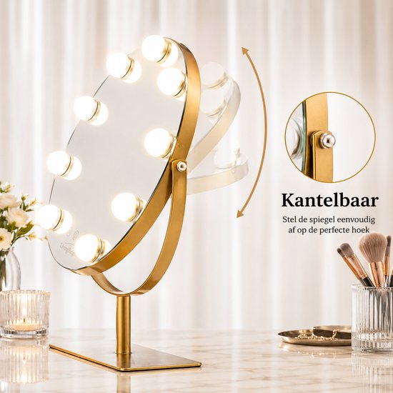 Livingbright - Make Up Spiegel met Verlichting - Rond - Roterend - 9 Leds - Goud - afbeelding 11