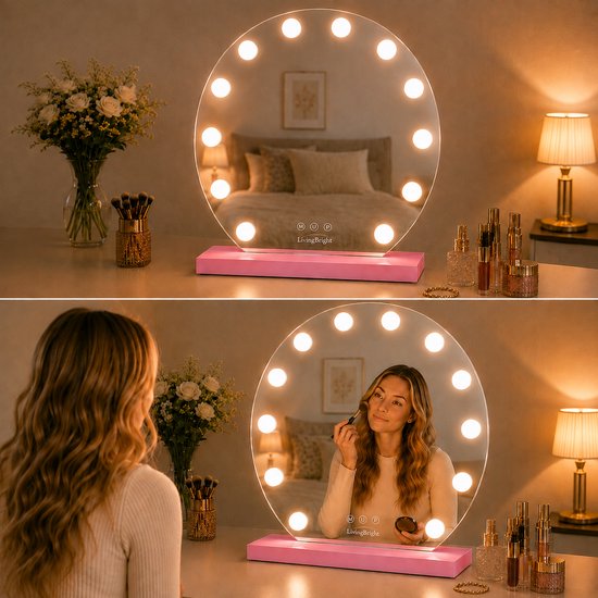 Livingbright - Make Up Spiegel Rond - Hollywood Spiegel met Verlichting 50X55CM - 3 Lichtkleuren - Dimbaar - USB Oplader - Roze - afbeelding 6
