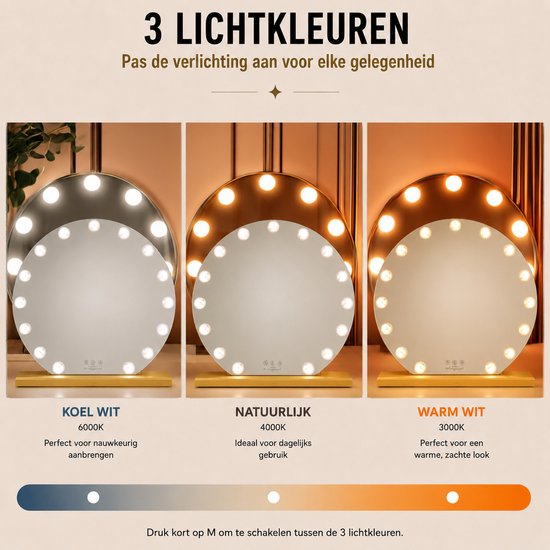 Livingbright - Make Up Spiegel Rond - Hollywood Spiegel met Verlichting 60X66CM - 3 Lichtkleuren - Dimbaar - USB Oplader - Goud - afbeelding 12