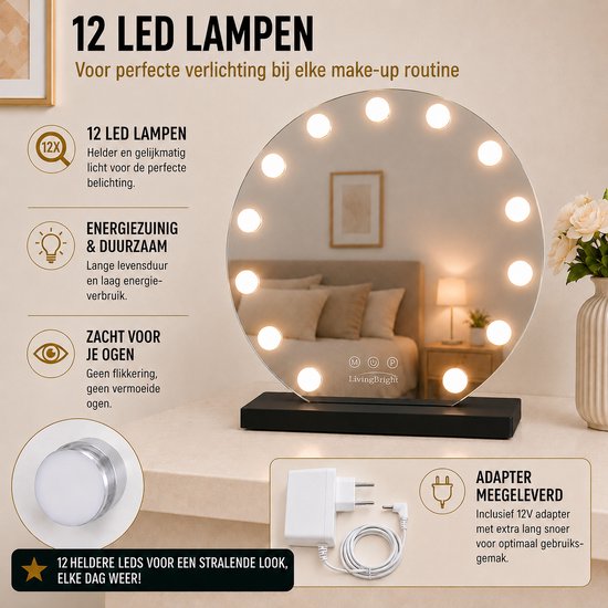 Livingbright - Make Up Spiegel Rond - Hollywood Spiegel met Verlichting 50X55CM - 3 Lichtkleuren - Dimbaar - USB Oplader - Zwart - afbeelding 3