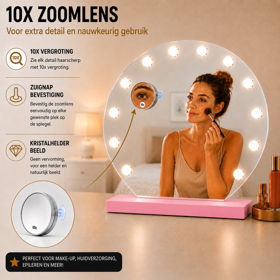 Livingbright - Make Up Spiegel Rond - Hollywood Spiegel met Verlichting 50X55CM - 3 Lichtkleuren - Dimbaar - USB Oplader - Roze - afbeelding 4