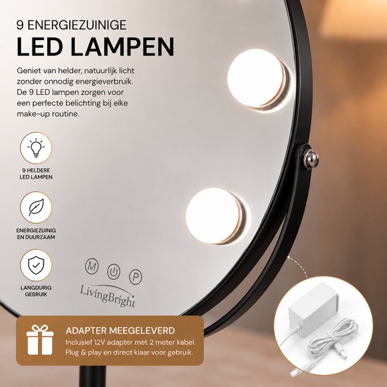 Livingbright - Make Up Spiegel met Verlichting - Rond - Roterend - 9 Leds - Zwart - afbeelding 2