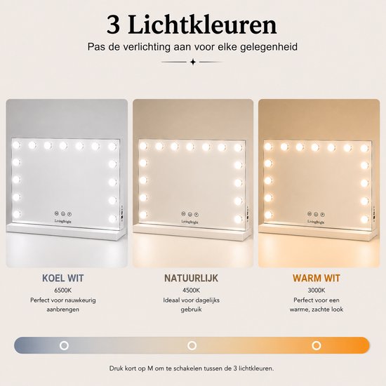 Livingbright - Make Up Spiegel - Hollywood Spiegel met Verlichting 58X46CM - 3 Lichtkleuren - Dimbaar - USB Oplader - Wit - afbeelding 4