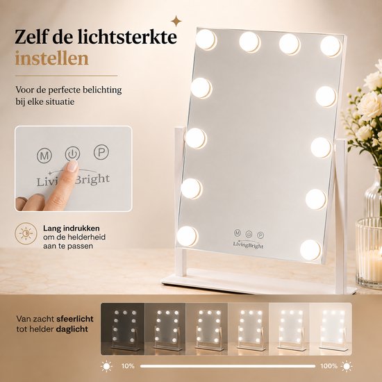 Livingbright - Make Up Spiegel met Verlichting - Kantelbaar - Rechthoekig - Wit - afbeelding 2